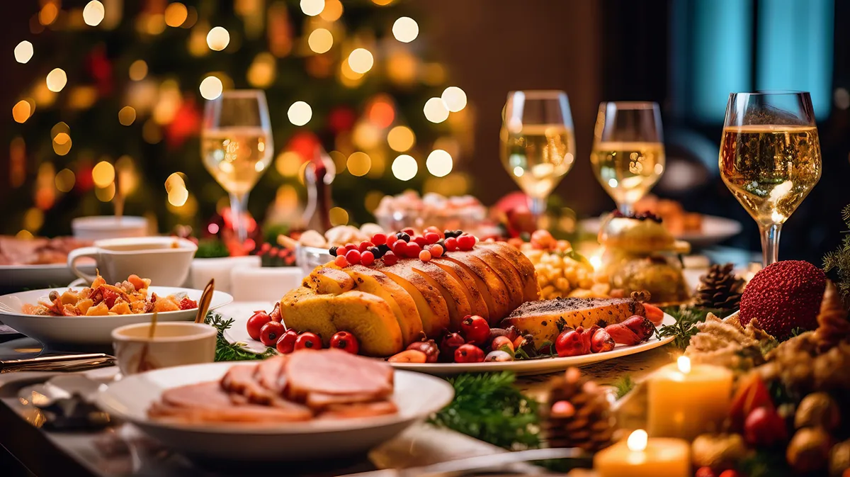 a festive table of food during the holidays, and dental care